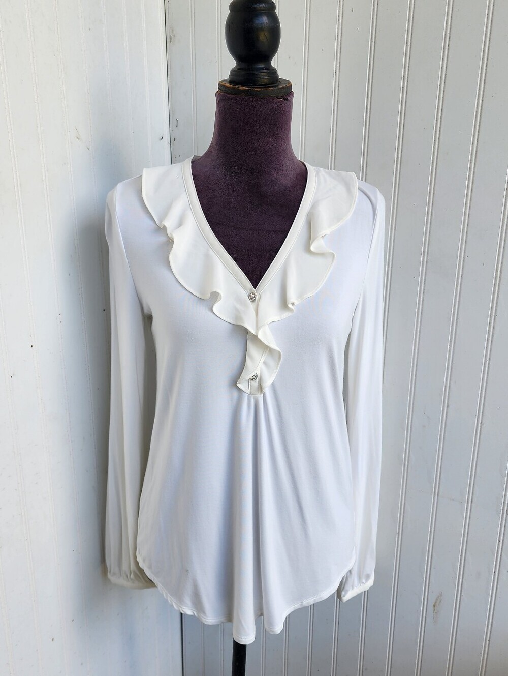 White House Black Market Womens Ruffle Button Pullover Knit Jersey Stretch Sz S